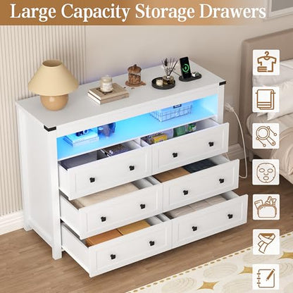White Dresser 6 Drawer Dressers for Bedroom with LED Lights, Charging Station, Wood Chest of Drawers with Metal Handles, Modern TV Stand Storage Cabinet for Living Room, Hallway, Entryway - color: White, style: LED 6 Drawers