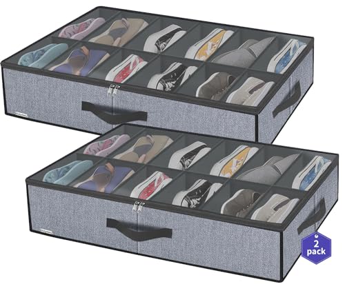 Onlyeasy Large Under Bed Shoe Organizer (6 to 12 Pairs x 2) - Underbed Shoes Closet Storage Solution with Metal Zipper and 2 Handles, Breathable, 29.3"x23.6"x5.9", Linen-like Grey, MXDUBSB2P - color: 2 Shoes (12+12 Cells) Linen-like Grey
