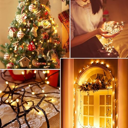 33ft Black Wire 100 LED Plug in Fairy Lights String Indoor Outdoor Decor | Blacklight Glow Warm Yellow Decorative Lights for Backyard, Garden Tree, Wedding Party, Patio, Christmas, Holiday Hanging - color: Warm White-Black