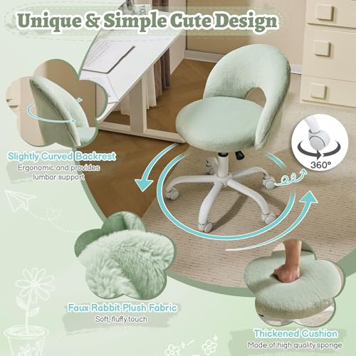 VINGLI Small Vanity Chair with Faux Fur Wheels for Girls,Cute Adjustable Height Armless Office Desk Chair,360°Swivel Comfy Rolling for Study,Make up Room,Small Space,Mint Green - color: Furry Mint Green
