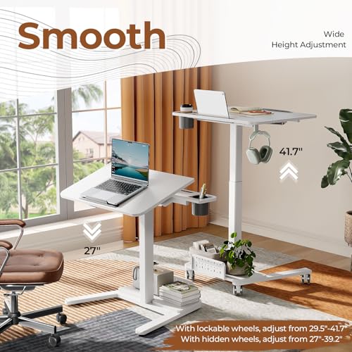 Mobile Standing Desk with Storage Shelf & 60° Tiltable Top | 28" Height Adjustable Rolling Laptop Desk on Wheels, Portable Computer Workstation for Working, Drawing, Crafting, White