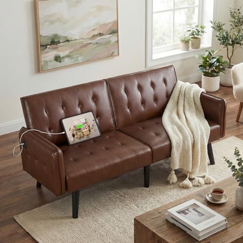 65'' Convertible Futon Sofa Bed with USB, Small Couch for Living Room | Sleeper Sofa and Loveseat, Adjustable Folding Couch with Tufted Design and 2 USB Ports, Bedroom Apartment Office, Brown - color: Brown