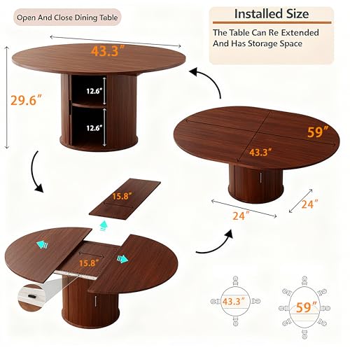 Wildhome Extendable Round Dining Table for 2-4-6, 59 Inch Dining Room Kitchen Table with 2-Tier Storage Shelf, Modern Farmhouse Fluted Wood Slide Door Dinner Furniture,Oval Circle,Walnut-59 Inch - color: Walnut-59 Inch