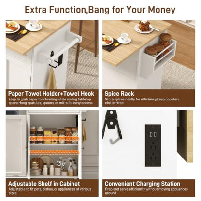 chartustriable 51" Kitchen Island with Drop Leaf,Kitchen Island Cart W/Rolling Trash Cabinet,Folding Drop Leaf,2 Drawers,Movable Carts on Wheels with Spice Rack&Towel Rack for Home, Dining Room,White - color: White, size: 29.5"D x 51.2"W x 35.8"H