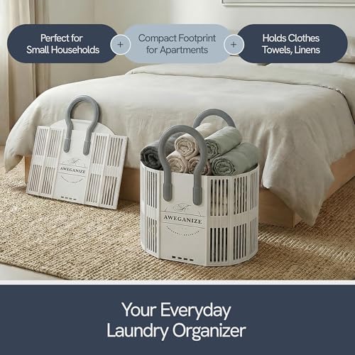 Collapsible Laundry Basket with Handles, 40L Foldable Clothes Hamper Folds 3cm Flat, Space Saving for Apartment, Dorm, RV, Small Spaces, Portable Grocery Tote - color: White