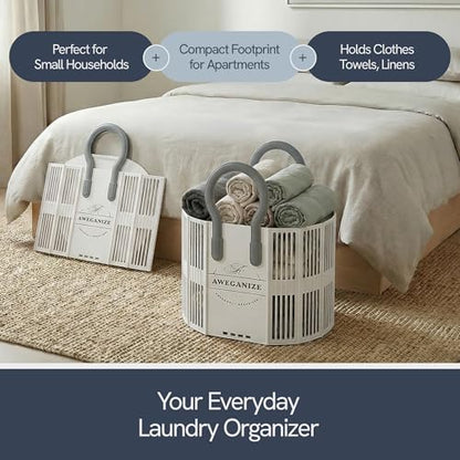 Collapsible Laundry Basket with Handles, 40L Foldable Clothes Hamper Folds 3cm Flat, Space Saving for Apartment, Dorm, RV, Small Spaces, Portable Grocery Tote - color: White
