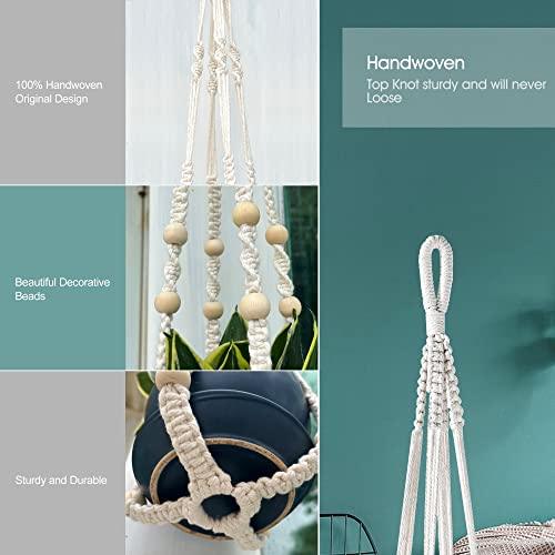 RIFNY Macrame Plant Hanger for 5 to 10 Inch Plant Pots, 35 Inch Indoor Handmade Woven Rope Hanger Kits with Hooks and Wood Beads, Hanging Planter Basket Holder for Boho Home Decor (White, 3 Pack) | 35 Inch Hanging Planter with Hooks, Fits 5-10" Pots, Suit