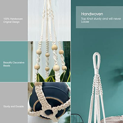 RIFNY Macrame Plant Hanger for 5 to 10 Inch Plant Pots, 35 Inch Indoor Handmade Woven Rope Hanger Kits with Hooks and Wood Beads, Hanging Planter Basket Holder for Boho Home Decor (White, 3 Pack) | 35 Inch Hanging Planter with Hooks, Fits 5-10" Pots, Suit