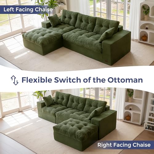 MAXYOYO Boneless Couch, 104-Inch L-Shaped Cloud Couch with Ottoman | Dark Green Upholstered Sofa Features Layered Cushions and Flexible Modules with No Assembly, Ideal for Modern Living Rooms. - color: Dark Green, size: 104" L Shape