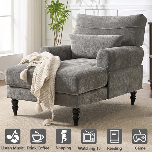 Chaise Lounge Chair Indoor Bedroom, Comfy Lounge Chair with Wide Armrest & Backrest for Small Space, Thick Cushion, High-Density Foam, Waist Pillow, Chenille (Grey) - color: Grey