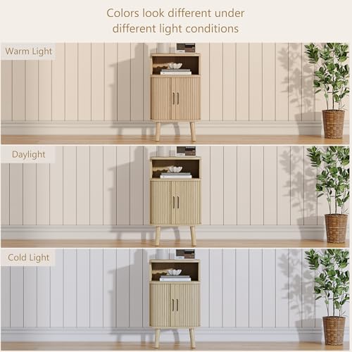Alohappy Nightstand Set of 2, Mid Century Modern End Table with Storage, Fluted Bedside Table, Wooden Curved Profile Night Stands with Sliding Tambour Door for Bedroom, Living Room, Light Oak - color: Light Oak