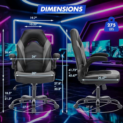Sweetcrispy Computer Desk Chair, Lumbar Support Video Game Chair PU Leather | PU Leather Flip-up Armrest, Height Adjustable, 360 Swivel for Adults, Black Grey - color: Black Grey