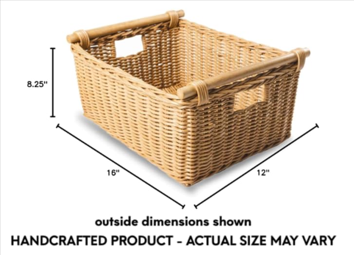 The Basket Lady Pole Handle Wicker Storage Basket, M, Sandstone | Outside: 16" L x 12" W x 8.25" H | Inside: 14"L x 10"W x 8"H - Handcrafted by artisans from natural rattan - color: Sandstone, size: Medium