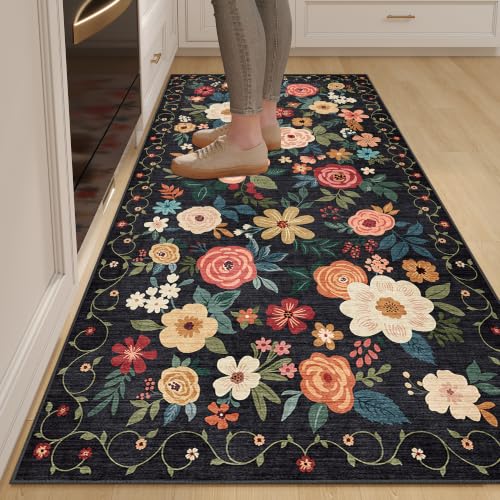 DUKINO 3x6 Runner Rug, Non Slip Floral Washable Rug for Kitchen, Black | Low Pile, Non Shedding, Soft Thin Indoor Rug for Hallway, Bedroom, Bathroom, Entryway, Laundry, Pet Friendly, Home Decor - color: Black, size: 3' x 6' (Rectangular)