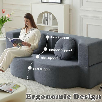 76" Convertible Folding Futon Sofa Bed, Queen Sleeper Sofa with Pillow, Teddy Floor & Futon Loveseat Couch, Foam Folding Mattress Sleeper for Living Room, Guest Use, Apartment, No Assembly (Grey) - color: Grey
