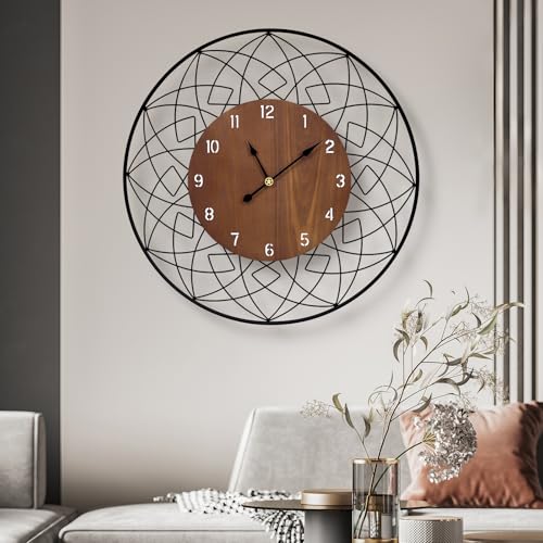 22 Inch Wood Wall Clocks Silent Non Ticking Battery Operated | Rustic Round Modern Decorative Clock for Living Room, Bedroom, Kitchen, Farmhouse, Office, Home Decor - color: E2 - Round Shape