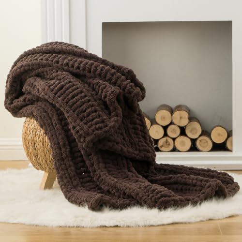Battilo Chunky Knit Throw Blanket for Couch, 50"x60", Chocolate Brown | Hand Knit, Gift Blanket, Cozy Warm Thick Soft Chenille Throw Blanket for Bed, Sofa, Chair, Living Room - color: Brown