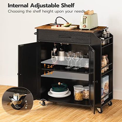 HOOBRO Kitchen Island with Power Outlet, Storage Island with Spice Rack and Drawer, Rolling Kitchen Cart on Wheels, for Home, Dining Room, Rustic Brown and Black - color: Rustic Brown + Black