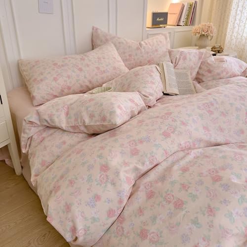 Pink Floral Full Duvet Cover Cotton Soft Full Comforter Cover Double Gauze Pattern Vintage Zipper Duvet Cover Set with Corner Ties Boho Girls Bedding Set Cute Duvet Protector - color: C Floral03, size: Full(Duvet Cover and 2 Pillows Sham)