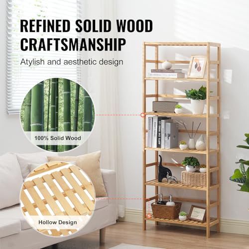 VEVOR 6-Tier Bamboo Shelf, Open Wood Bookshelf, Display Storage Rack Organizer, Freestanding Flower Plant Stand, Multifunctional Bamboo Bookshelf Ideal for Bathroom, Bedroom, Office, Study, Natural - style: 6-Tier