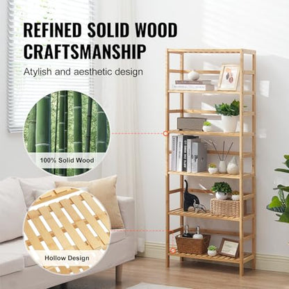 VEVOR 6-Tier Bamboo Shelf, Open Wood Bookshelf, Display Storage Rack Organizer, Freestanding Flower Plant Stand, Multifunctional Bamboo Bookshelf Ideal for Bathroom, Bedroom, Office, Study, Natural - style: 6-Tier