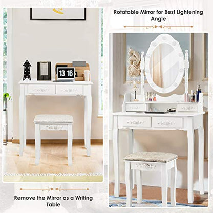 DORTALA Vanity Table Set w/ 10 LED Dimming Bulbs, Classic Makeup Dressing Table Set w/ 2 Large Drawers & 2 Tabletop Boxes, Stable Beauty Station, White