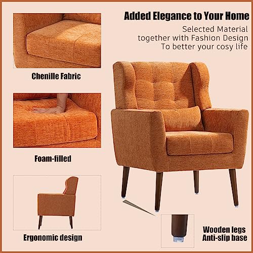 Accent Chair, Living Room Chairs with Solid Wood Legs & Pillow | Chairs Living Room with High Tufted Backrest, Reading Chair for Bedroom/Office, Chenille Fabric - color: Orange