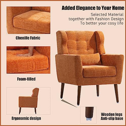 Accent Chair, Living Room Chairs with Solid Wood Legs & Pillow | Chairs Living Room with High Tufted Backrest, Reading Chair for Bedroom/Office, Chenille Fabric - color: Orange