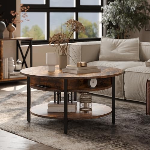 FABATO 26.77” Round Lift Top Coffee Table with Storage, Rustic Brown | Farmhouse Coffee Table, 2 Tier Small Round Center Table, Center Table for Living Room, Circle Dining Table - color: Rustic Brown