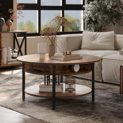 FABATO 26.77” Round Lift Top Coffee Table with Storage, Rustic Brown | Farmhouse Coffee Table, 2 Tier Small Round Center Table, Center Table for Living Room, Circle Dining Table - color: Rustic Brown