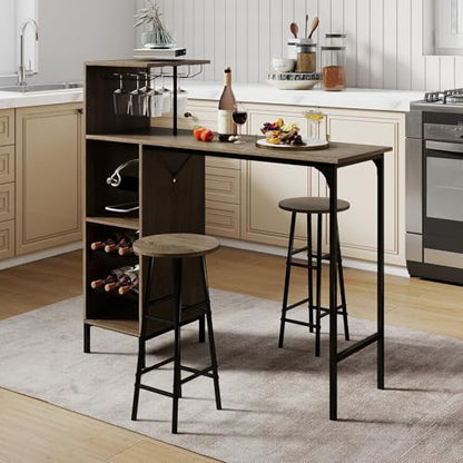 GOFLAME Bar Table Set for 2, Counter Height Dining Table Set with Shelves, Cup Holder & Wine Rack, Breakfast Table & Stools Set, 3-Piece Pub Table Set for Kitchen, Dining Room, Grey Oak - color: Grey Oak