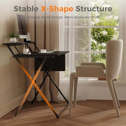 Small Desk No Assembly,31.5Inch 2-Tier Compact Computer Desk with Shelf & Side Pocket,Space Saving Foldable Table for Home Office, Bedroom or Apartment,Portable Collapsible Sturdy Laptop Desk,Black - color: Black