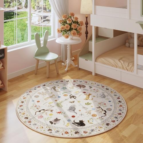 Rugcomf Round Rug 6ft Washable Circle Rug Non Slip Low Pile Boho Floral Animal Cat Small Circular Rug for Bedroom Bathroom Entryway Kids Room Office College Dorm, Beige - color: Beige/Cat, size: 6' (Round)