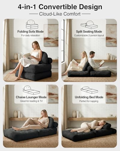 Folding Sofa Bed with Pillow Convertible Sleeper Chair Boneless Foldable Couch Comfy Floor Sofa Lounge Couch Bed for Living Room, Bedroom, Apartment, Black - color: Black