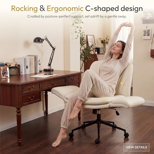 Dowinx Criss Cross Chair with Five-Level Adjustable Arms and Wheels - Comfortable Ergonomic PU Leather Swivel Vanity Chair - Computer Makeup Gaming Chair for Home Office, Bedroom, Vanity Room (Khaki) - color: Light Khaki