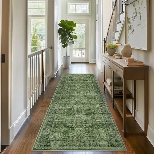 Zeeinx 2x8 Runner Rug Green Washable Runner Rugs for Hallway Kitchen | Vintage Low Pile Non-Slip Retro Distressed Floral Runner Rug for Bathroom Bedroom Green - color: Green, size: 2'*8'(Runner)
