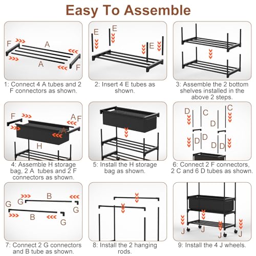 Double Rods Clothes Rack, Heavy Duty Metal Garment Rack Metal Clothing Racks with Shelves Lockable Wheels Portable Storage Bag Height Adjustable for Bedroom Laundry Living Room - size: 30.31"D x 13.58"W x 57.09"H