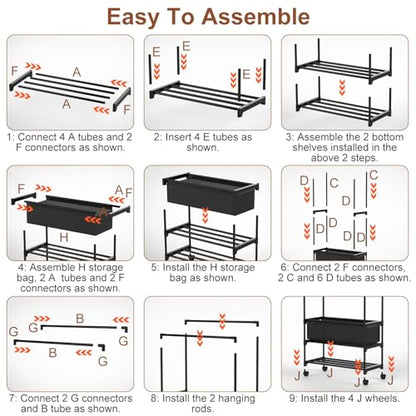 Double Rods Clothes Rack, Heavy Duty Metal Garment Rack Metal Clothing Racks with Shelves Lockable Wheels Portable Storage Bag Height Adjustable for Bedroom Laundry Living Room - size: 30.31"D x 13.58"W x 57.09"H