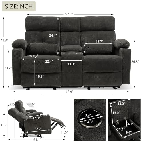 Power Reclining Loveseat with Console, Power Loveseat Recliner Sofa with Heat and Massage, Extended Footrest, Wall Hugger RV Reclining Couch with Cup Holders, Lumbar Support for Living Room - color: Grey, size: Loveseat