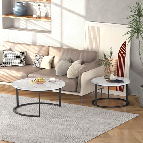 WiberWi Round Coffee Table Nesting Tables Set of 2, Large : Ø 33.5", Small : Ø 25.7", Modern Design Coffee Tables for Living Room, Metal Frame Circle Cocktail Table, High Glossy Faux White Marble - color: White Top&black Frame