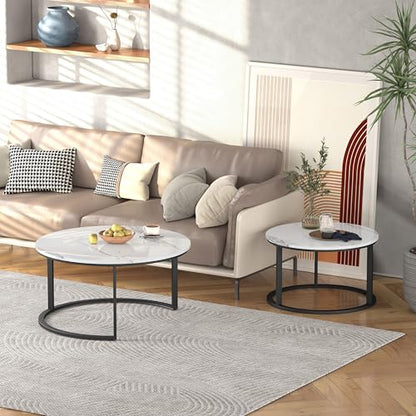 WiberWi Round Coffee Table Nesting Tables Set of 2, Large : Ø 33.5", Small : Ø 25.7", Modern Design Coffee Tables for Living Room, Metal Frame Circle Cocktail Table, High Glossy Faux White Marble - color: White Top&black Frame