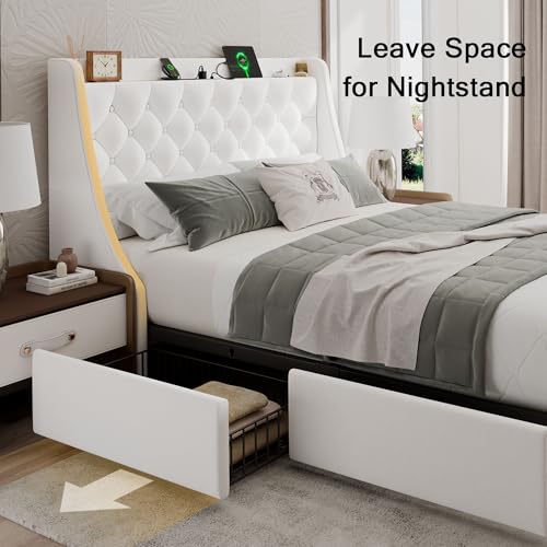 Einhomn Queen Bed Frame with 4 Storage Drawers, Upholstered Bed Frame with Large Wingback Headboard, Charging Station, No Box Spring Needed, White - color: White, size: Queen