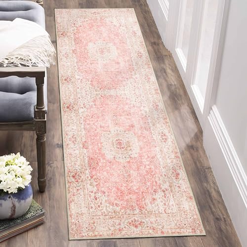 Washable Runner Rug 2'x6',Long Boho Pink Rug Runners for Hallways | Non Slip Rugs for Kitchen Bedroom Entryway Living Room Bathroom,Vintage Bohemian Distressed Floor Carpet,Blush - color: Pink, size: 2'x6'