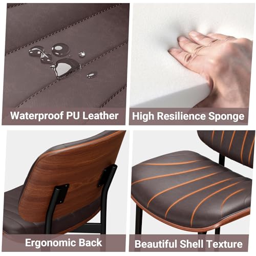 Dining Chairs Set of 2, Mid-Century Modern Upholstered PU Leather Chairs | with Walnut Bentwood Back and Metal Legs Adjustable Feet for Kitchen Dining Room, Dark Brown Shell Strips - color: Dark Brown Shell Strips