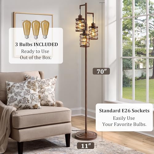 BOBOMOMO 70" Farmhouse Dimmable Floor Lamp, Walnut Brown Industrial Metal Cage Standing Lamp with 3 LED Bulbs, Stepless Dimming Tall Tree Lamp for Living Room, Bedroom, Office, Corner - color: Walnut Brown