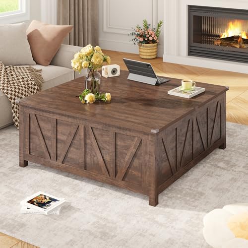 chartustriable 43.3“ Lift Top Coffee Table with Storage, Farmhouse Coffee Table with Large Hidden Storage Compartment and Shelves，Square Center Tables for Living Room, Tea Table Dark Brown - color: Brown