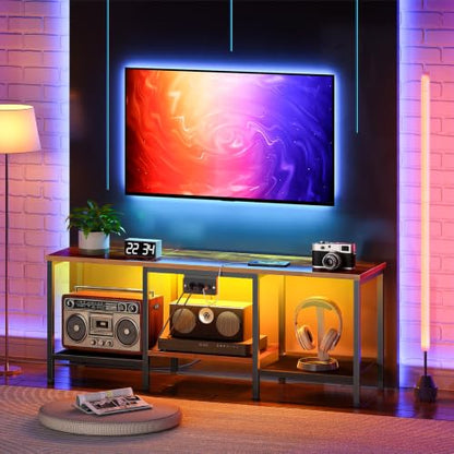 HOOBRO 충전 스테이션이 있는 TV 스탠드, 139.7cm(55인치), LED 엔터테인먼트 센터, 거실, 침실용 오픈 보관 선반이 있는 미디어 TV 콘솔 테이블, 러스틱 브라운 및 블랙 BF122UDDS01 - color: 러스틱 브라운 + 블랙