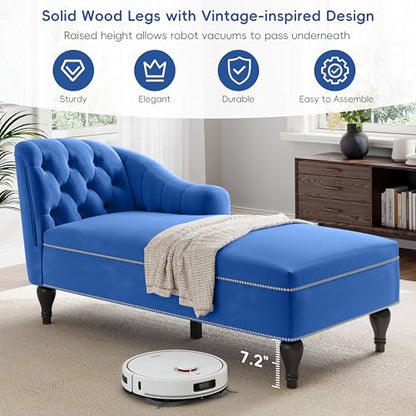 JIVOIT Velvet Upholstered Sofa Chaise Loungers, 58" Chaise Lounge with Nailhead Trim and Solid Wood Legs, Button Tufted Right Arm Facing Lounge Chair for Living Room, Sleeper Lounge Sofa - color: Blue-velvet