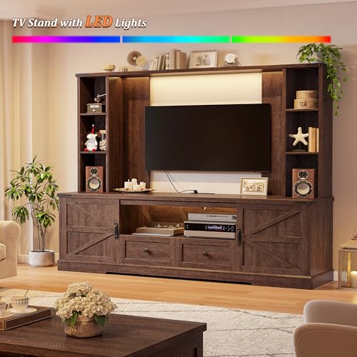 EnHomee Farmhouse Entertainment Center for 60" TV with LED & Power Outlets | Tall TV Console Wood TV Stand with Storage Shelves,Bookshelf for Living Room, Bedroom, Brown - color: Rustic Brown