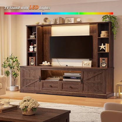 EnHomee Farmhouse Entertainment Center for 60" TV with LED & Power Outlets | Tall TV Console Wood TV Stand with Storage Shelves,Bookshelf for Living Room, Bedroom, Brown - color: Rustic Brown